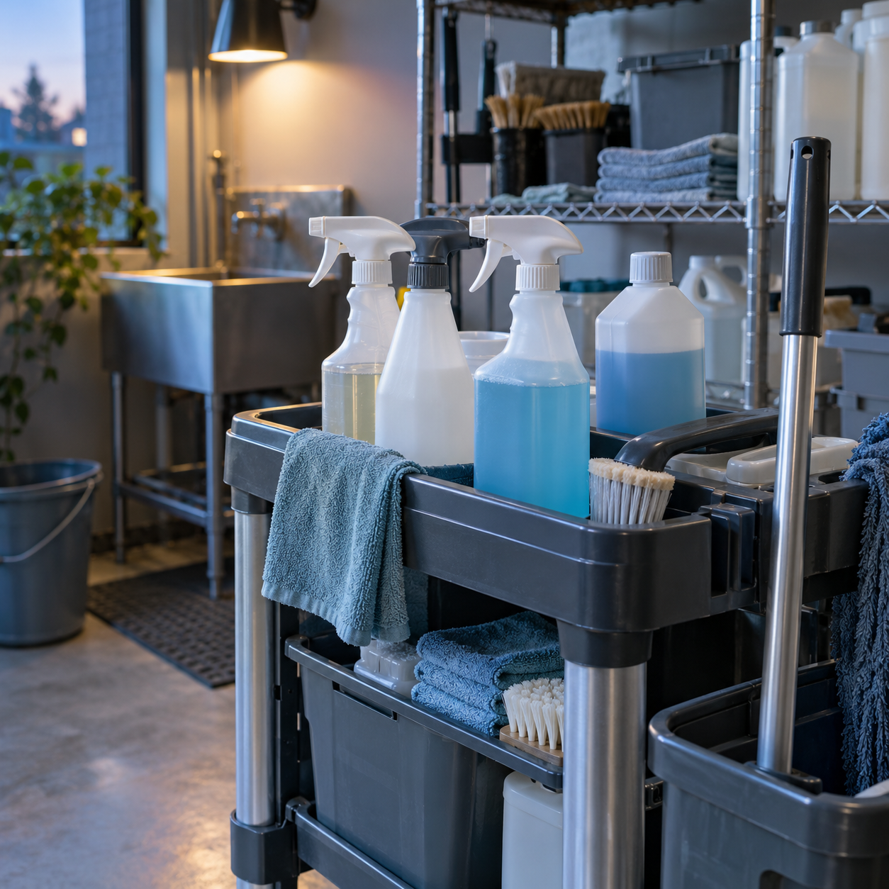 Illustrative scene of commercial cleaning supply room: unbranded spray bottles, a clean service trolley, brushes