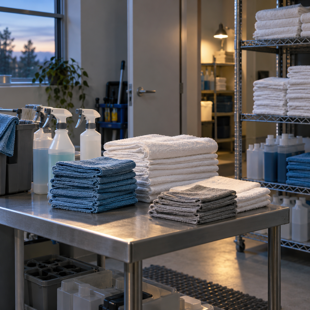 Illustrative scene of commercial cleaning supply room: stacked cloths, folded linen towels, unbranded spray bottles